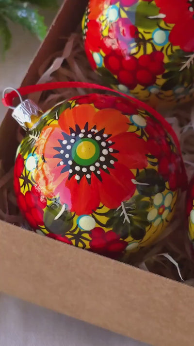 Set of 4 Painted Christmas Ornaments - Handmade Ukrainian Christmas Balls 2.4 in with Petrykivka art, Unique Orange & Red Flower Baubles