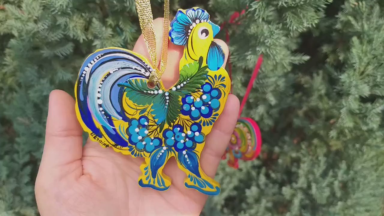 Rooster Christmas ornament, Ukrainian Christmas decoration, Petrykivka flower ornament, Wooden Christmas ornament, Farmhouse animal ornament