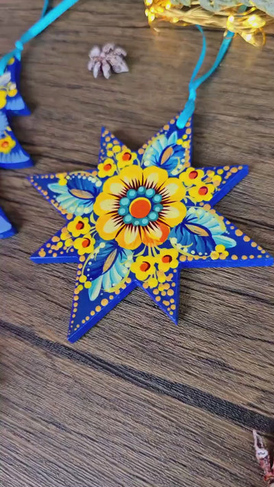 Painted Ukrainian Wooden Christmas Ornament Set - Handmade Blue & Yellow Tree and Star Petrykivka Decorations