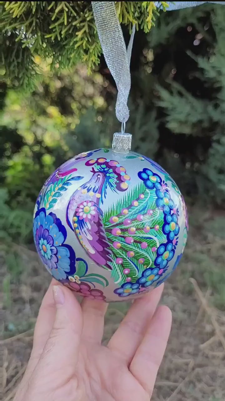 Hand-painted Bird Christmas Ornament with Ukrainian Folk Art Petrykivka