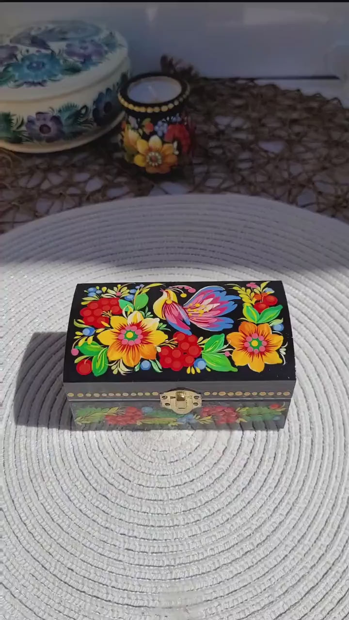 Painted Wooden Treasure Chest with Firebird 4.13 inches - Ukrainian Petrykivka Folk Art