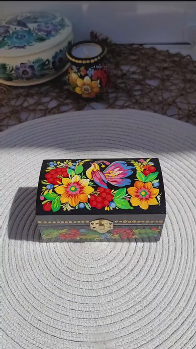 Painted Wooden Treasure Chest with Firebird 4.13 inches - Ukrainian Petrykivka Folk Art