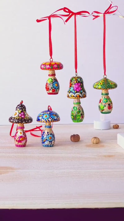 Hand-painted Wooden Mushroom Ornament - Handmade Ukrainian Petrykivka Christmas Tree Hanging Ornament, Fairy Flower Mushroom Ornament