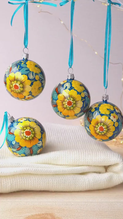 Set of 4/6/9 Painted Christmas Ornaments - Handmade Ukrainian Christmas Balls 2.4 in with Petrykivka art, Blue & Yellow Flower Baubles