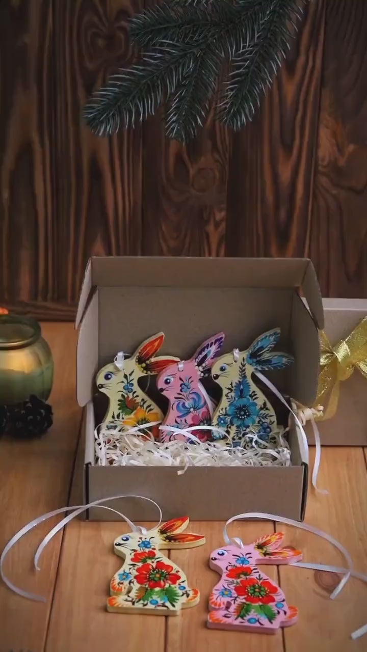 Painted Wooden Bunny Christmas Ornament - Ukrainian Petrykivka Folk Art Christmas Tree Decoration, Personalized Gift