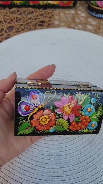 Painted Wooden Butterfly Jewelry Box 4.13 inches - Traditional Ukrainian Petrykivka Folk Art