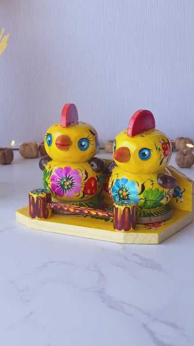 Salt & Pepper Shakers on Stand Set, Hand-painted Ukrainian Chicks Wooden Shakers with Petrykivka Art - Wall/Countertop Rack, Tight-Seal Lids