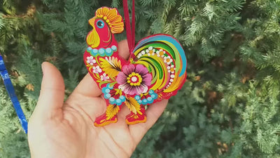 Rooster Christmas ornament, Ukrainian Christmas decoration, Wooden Christmas ornament, Petrykivka flower ornament, Farmhouse animal ornament