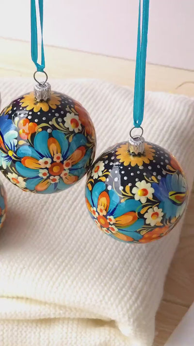 Christmas Ornament Set of 4/6/9 pcs - Hand-painted Ukrainian Christmas Ball Ornaments 2.4 in with Petrykivka art, Unique Blue Flower Baubles