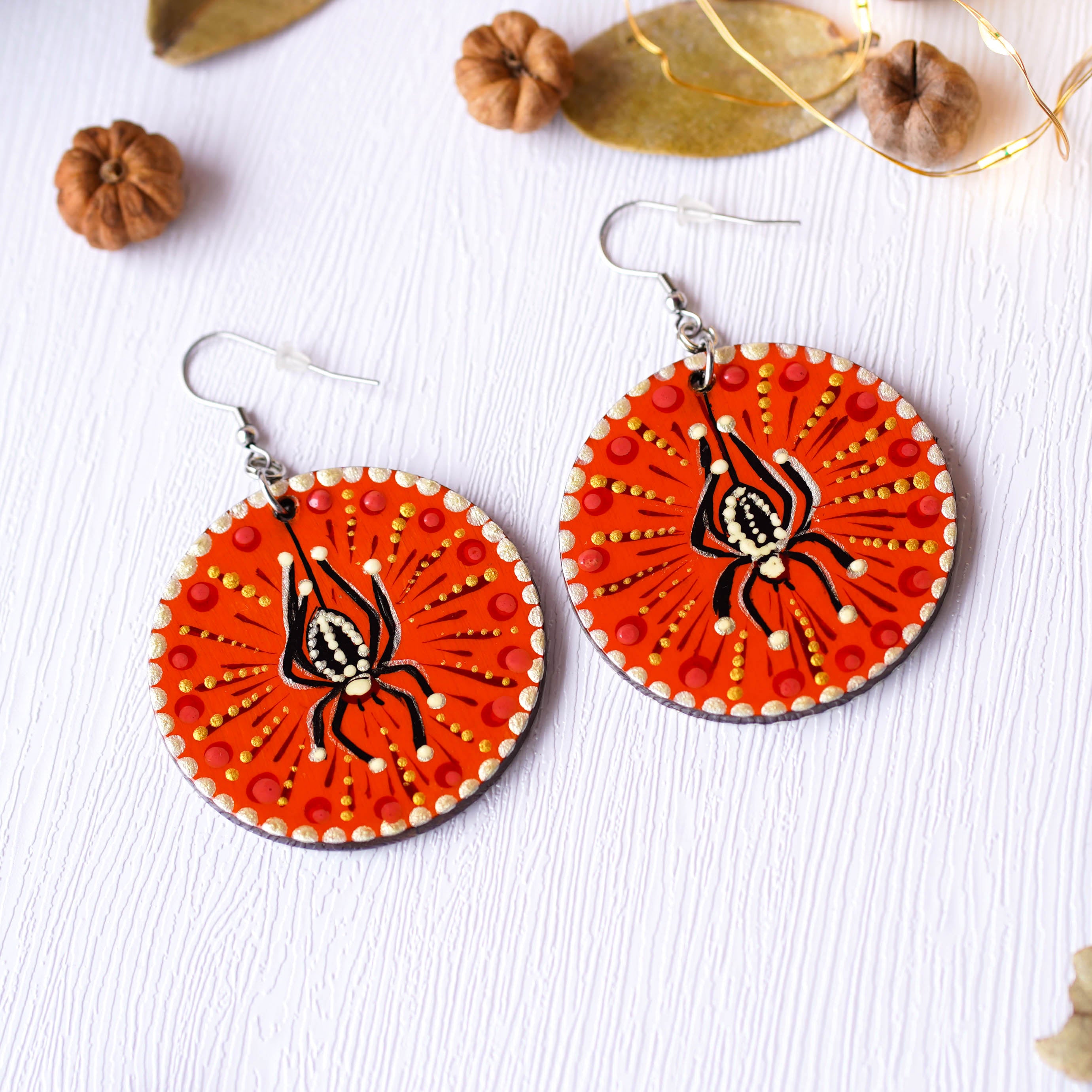 Painted Wooden Spider Earrings - Hypoallergenic Lightweight Orange Dangle Earrings, Halloween Bat Statement Jewelry