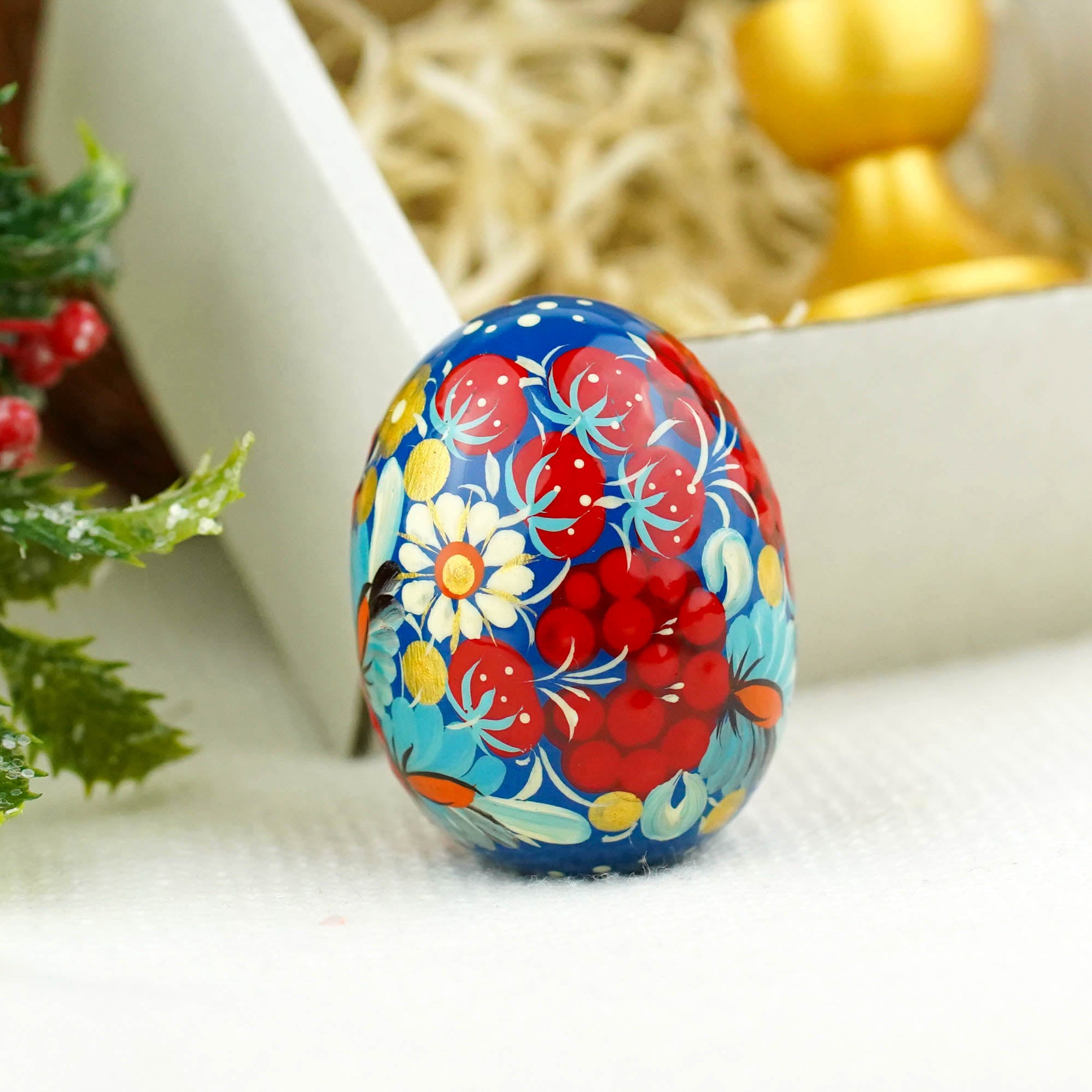 Hand-painted wooden Strawberry Easter egg - Petrykivka art egg