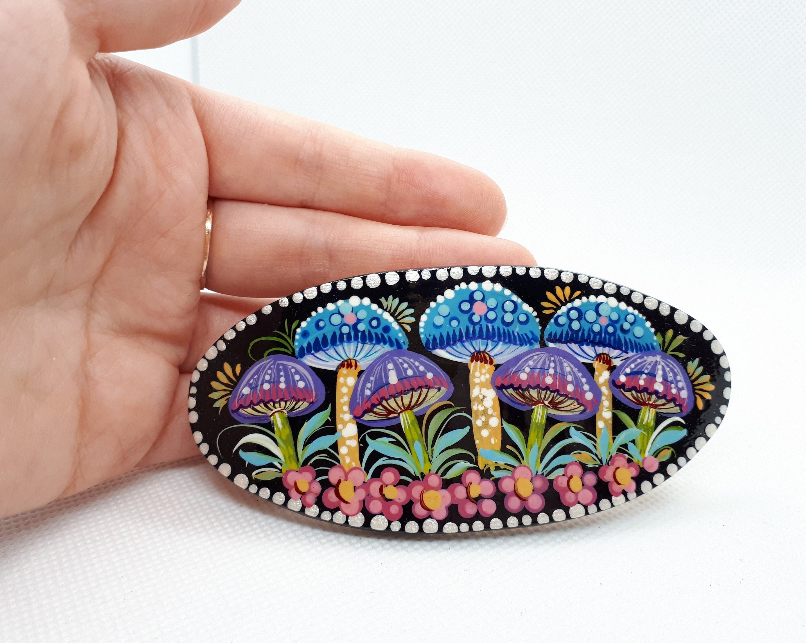 Painted Wooden Mushroom Hair Barrette - Artisanal Petrykivka Art Oval French Hair Clip, Handmade in Ukraine