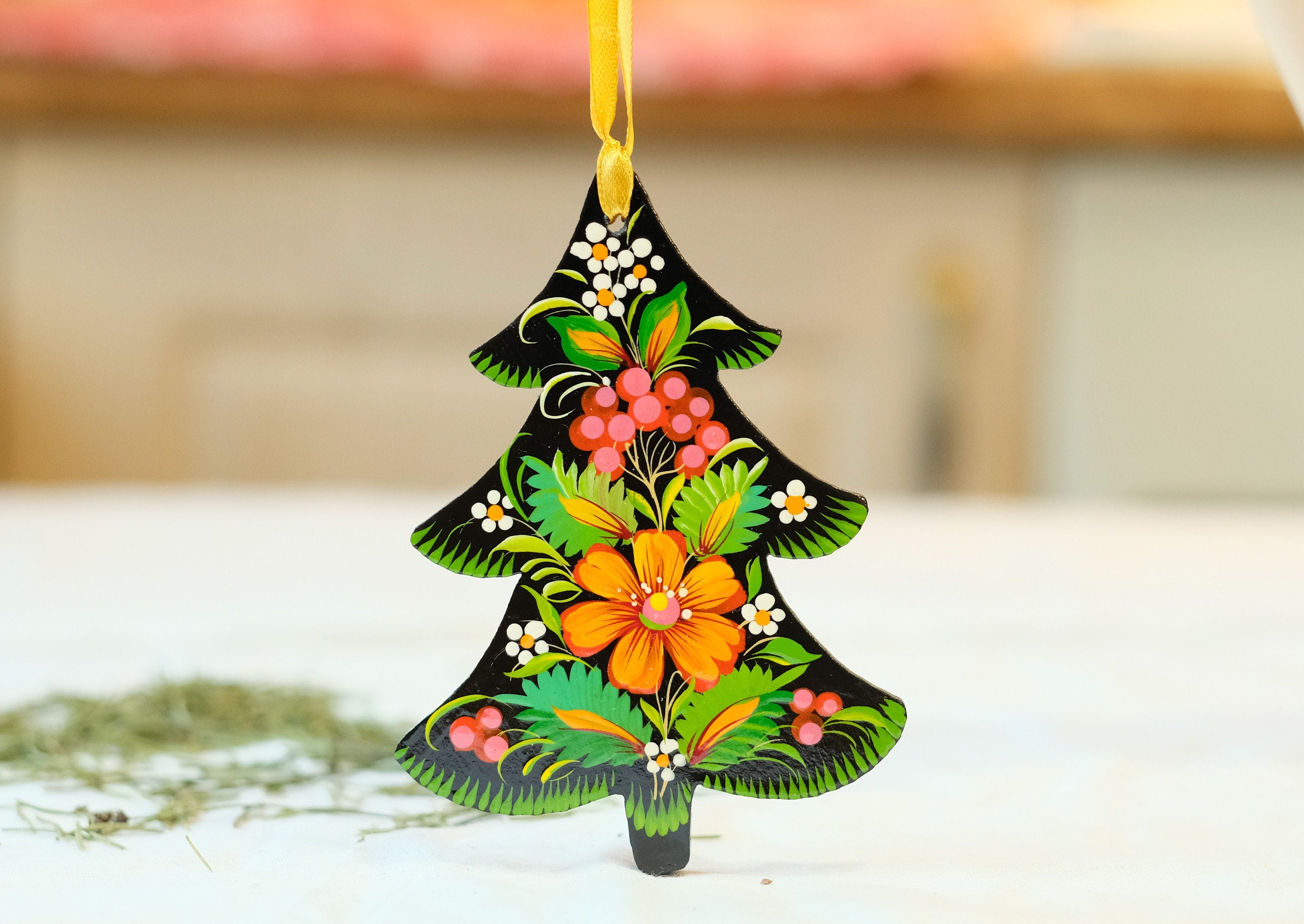 Painted Wooden Christmas Tree Ornament with Petrykivka Art