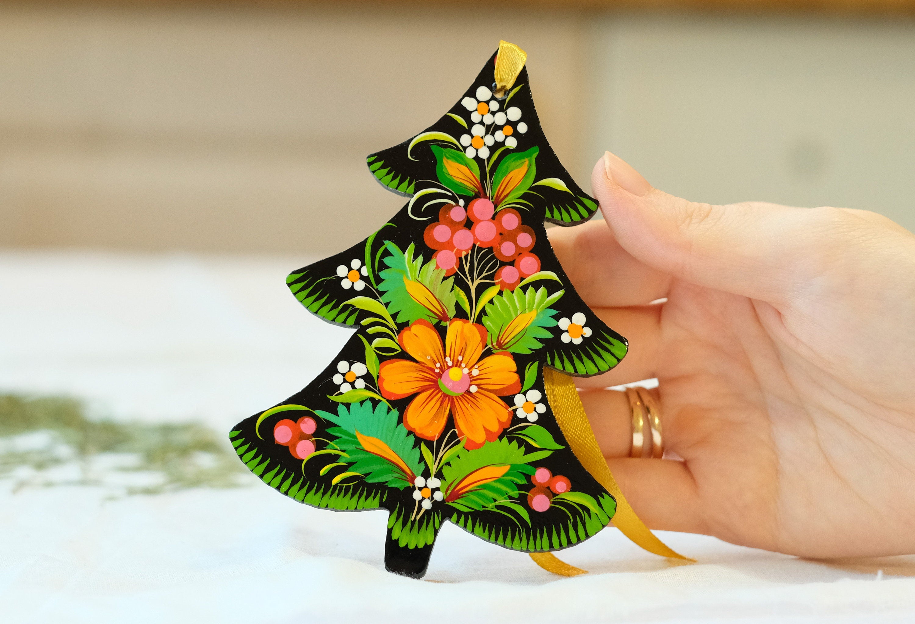 Painted Wooden Christmas Tree Ornament with Petrykivka Art