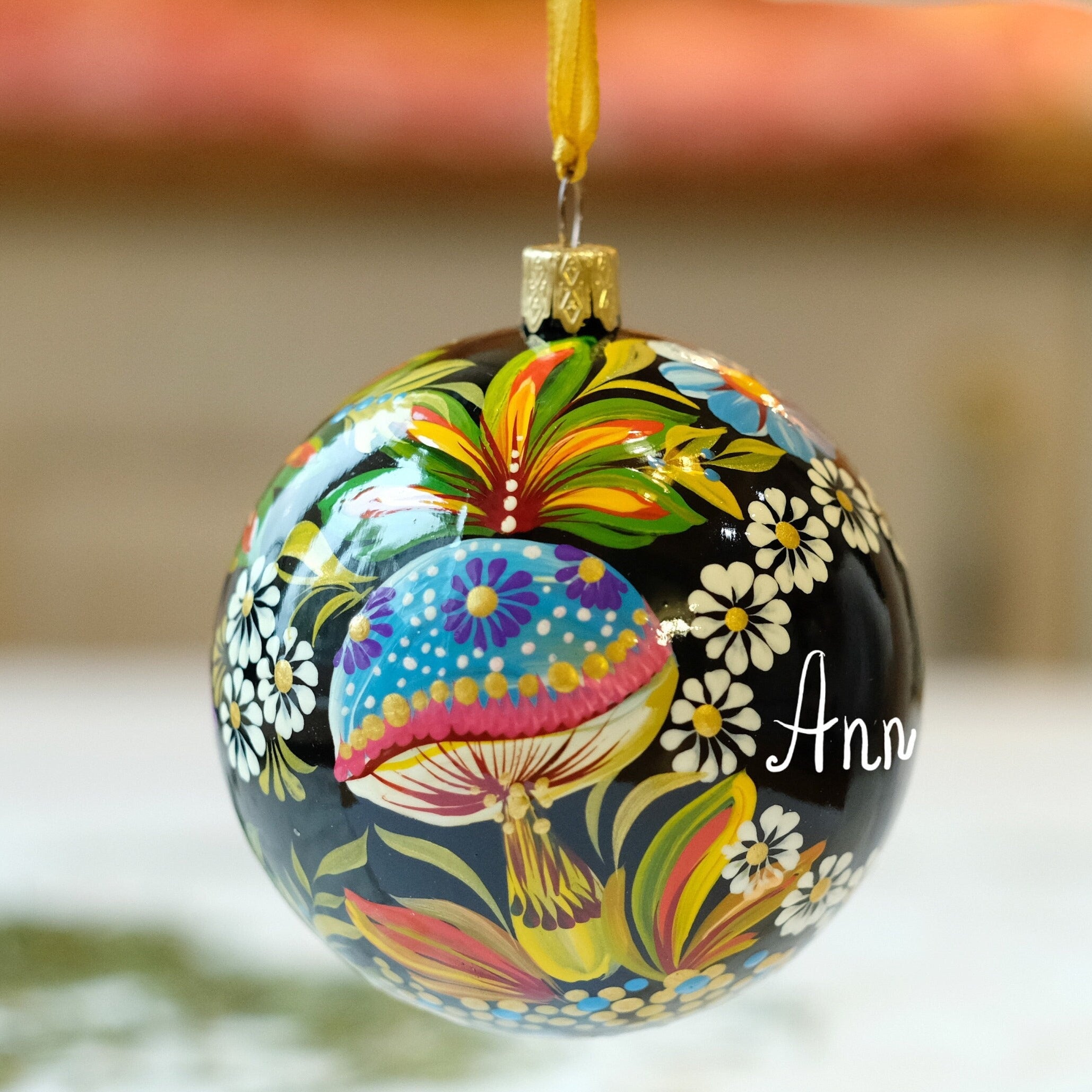 Personalized Painted Mushroom Christmas Ornament - Handmade Christmas Tree Decoration, Petrykivka Art