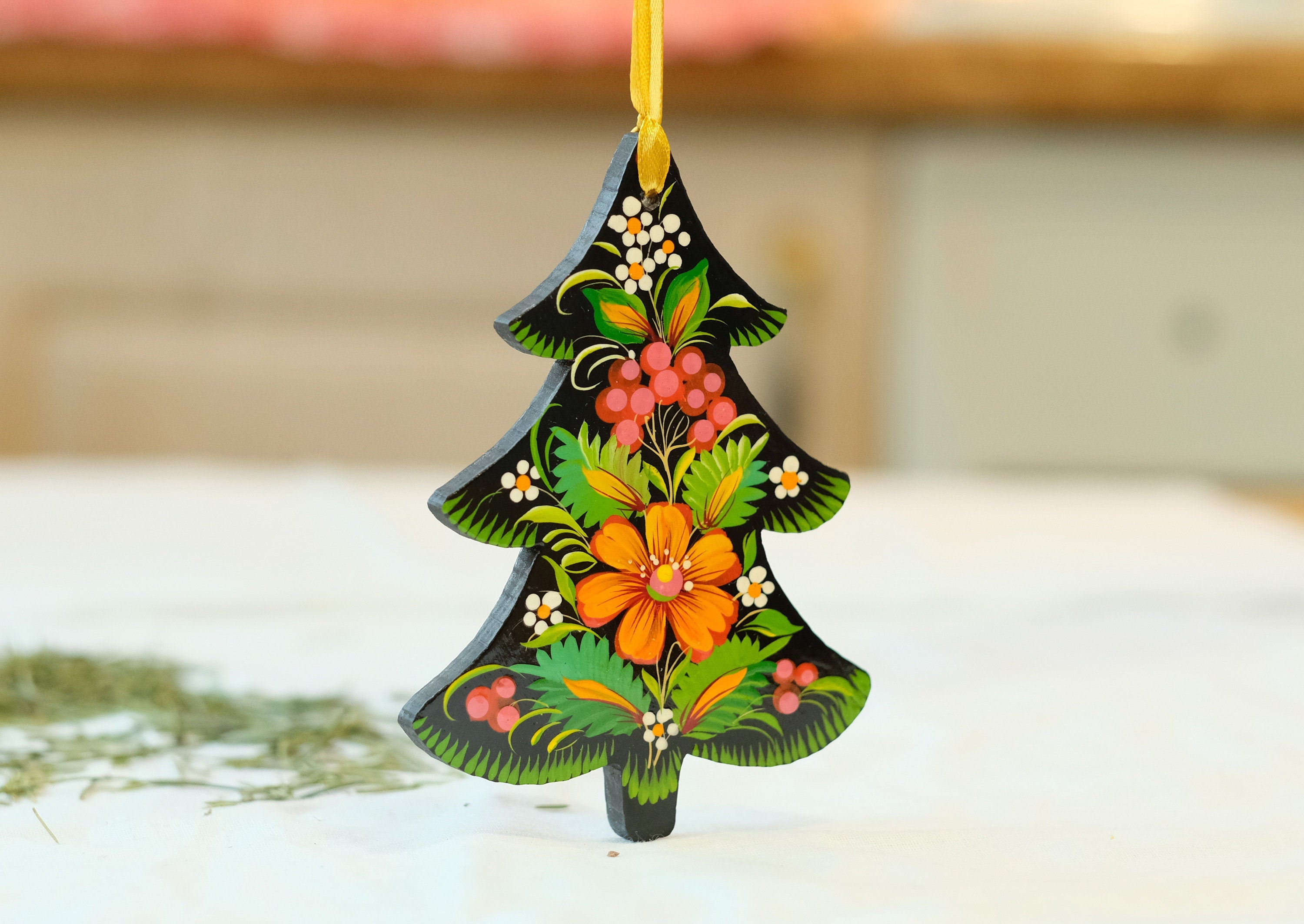 Painted Wooden Christmas Tree Ornament with Petrykivka Art