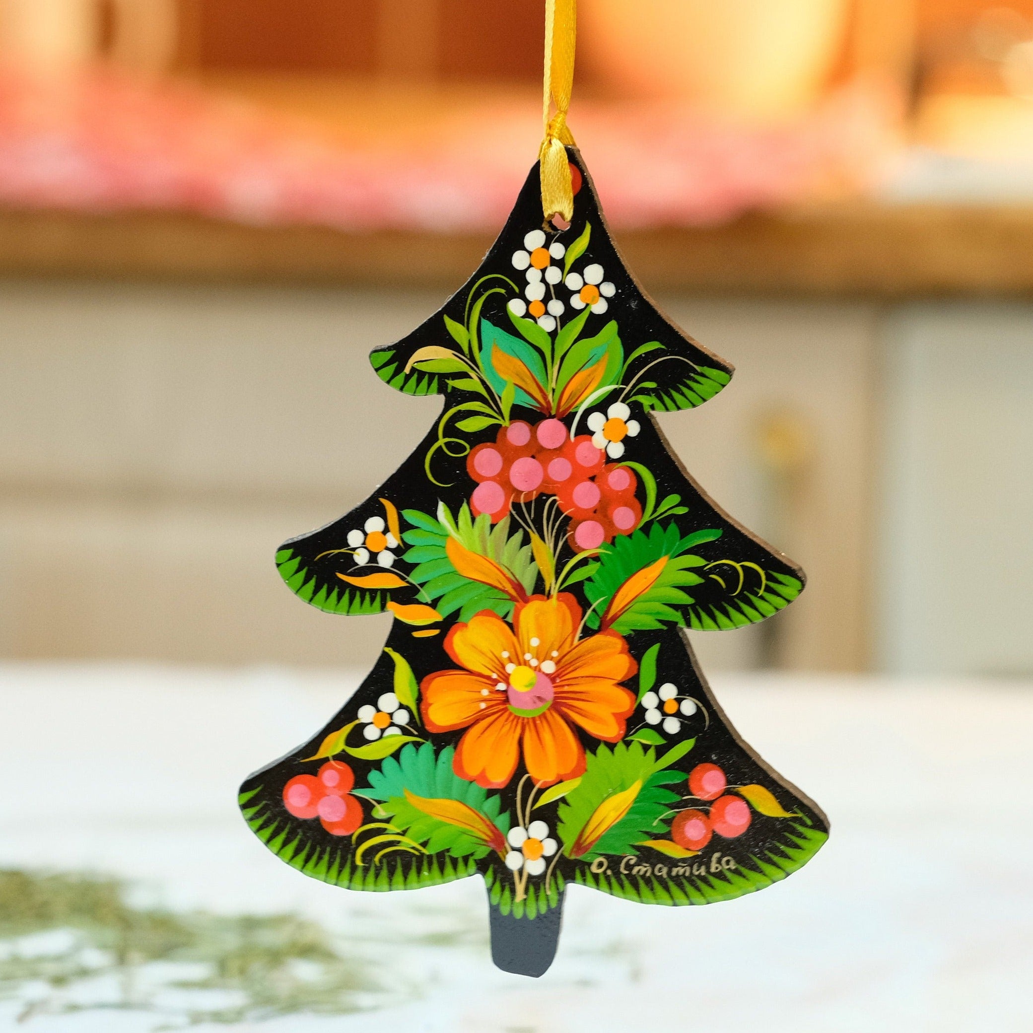 Painted Wooden Christmas Tree Ornament with Petrykivka Art