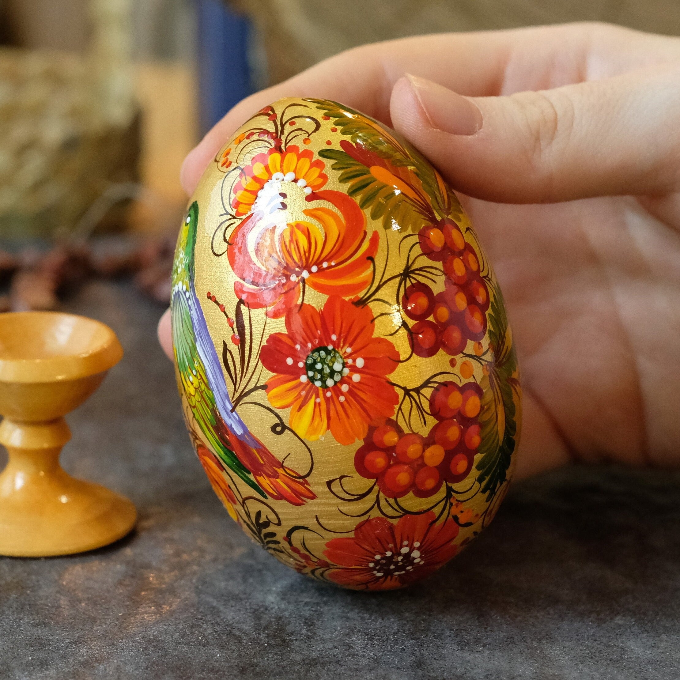 Painted Wooden Hummingbird Easter Egg on Stand