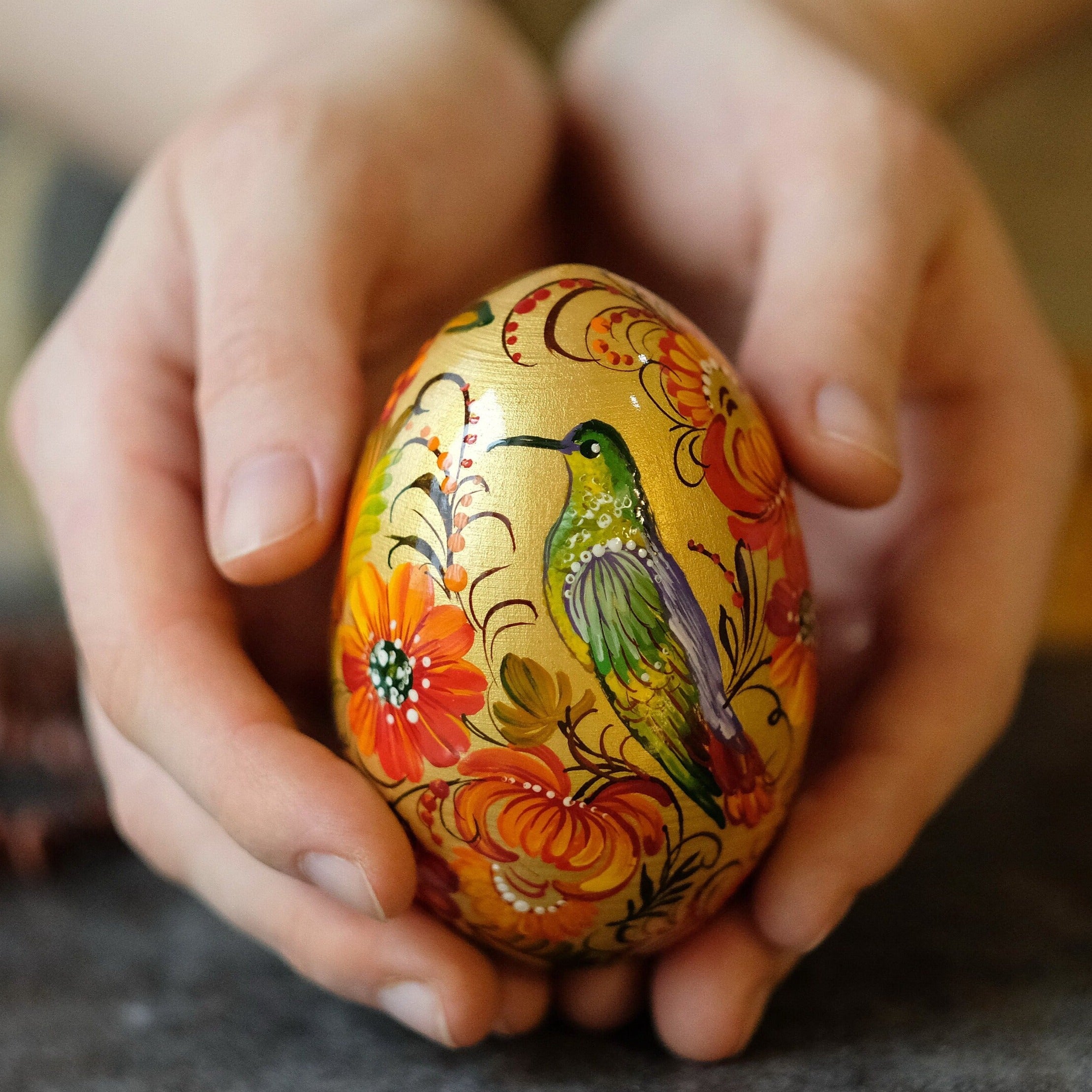 Painted Wooden Hummingbird Easter Egg on Stand