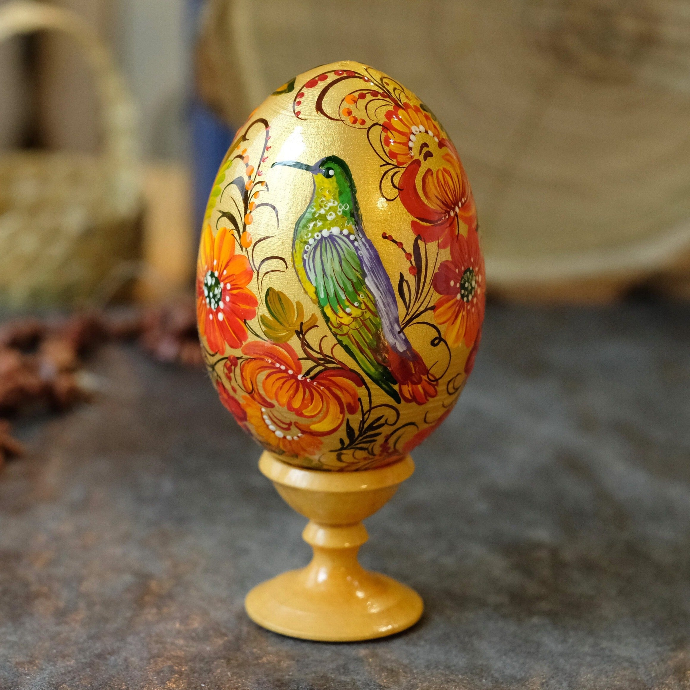 Painted Wooden Hummingbird Easter Egg on Stand