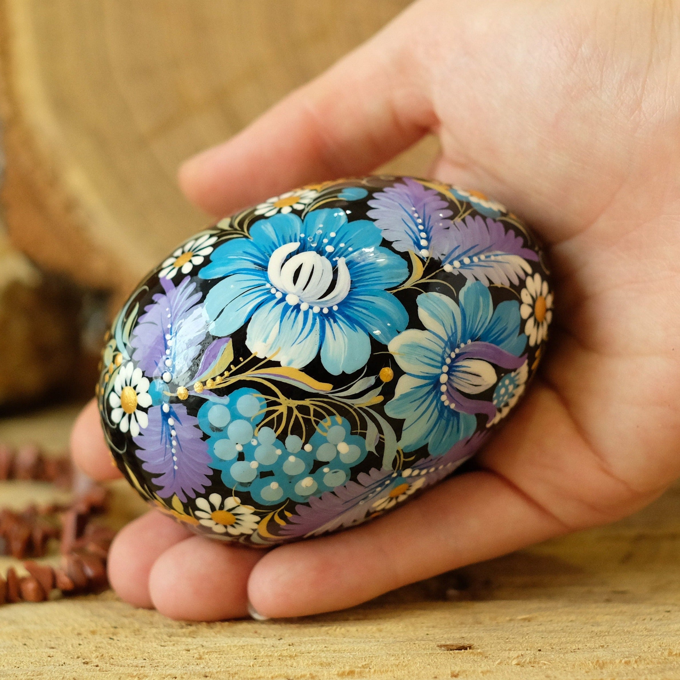 Large Wooden Goose Size Easter Egg Hand-painted with Ukrainian Petrykivka Painting