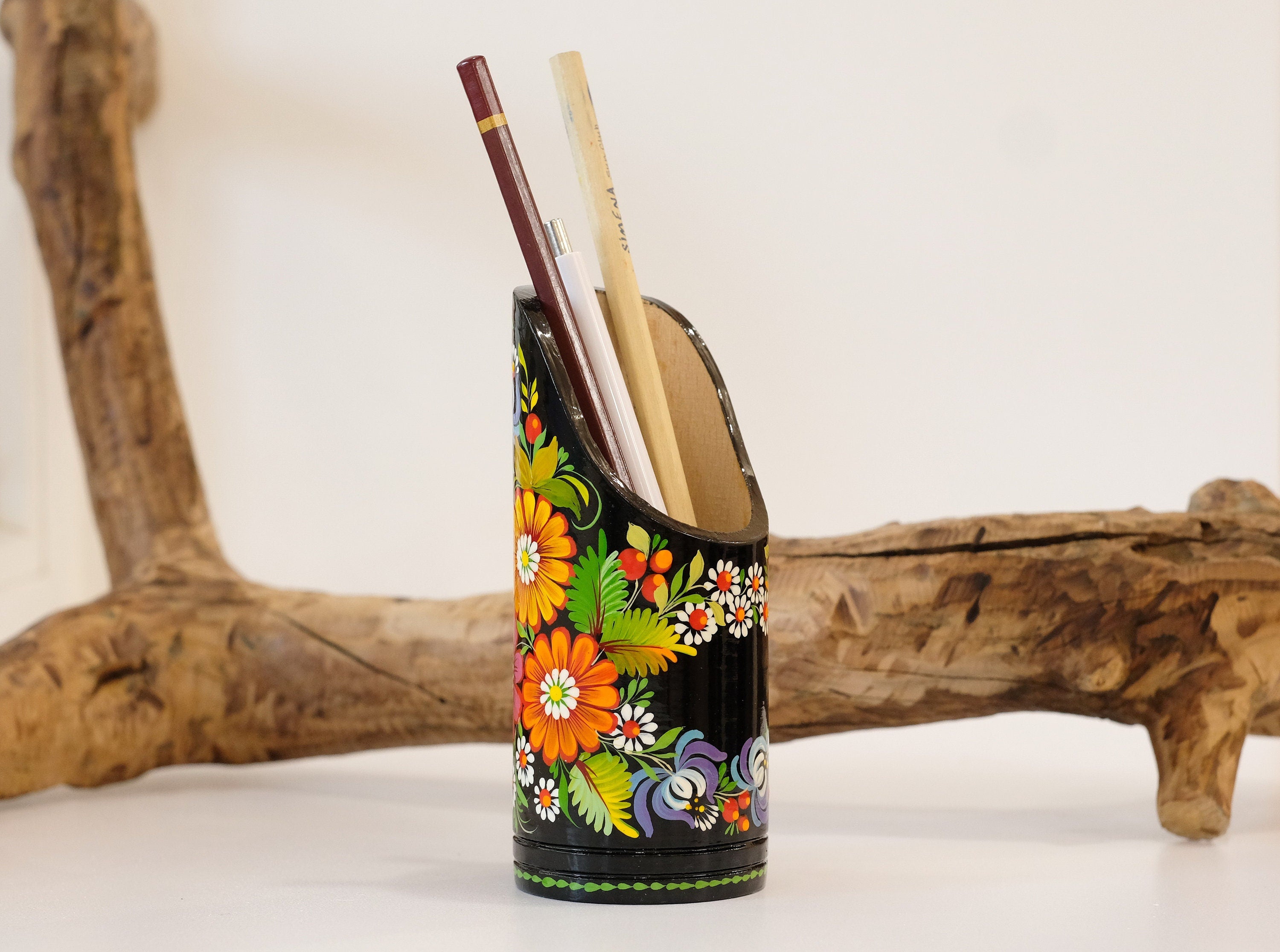 Personalized Wooden Painted Pencil Cup - Custom Pencil cup, Ukrainian Petrykivka Art Flower Pencil Holder