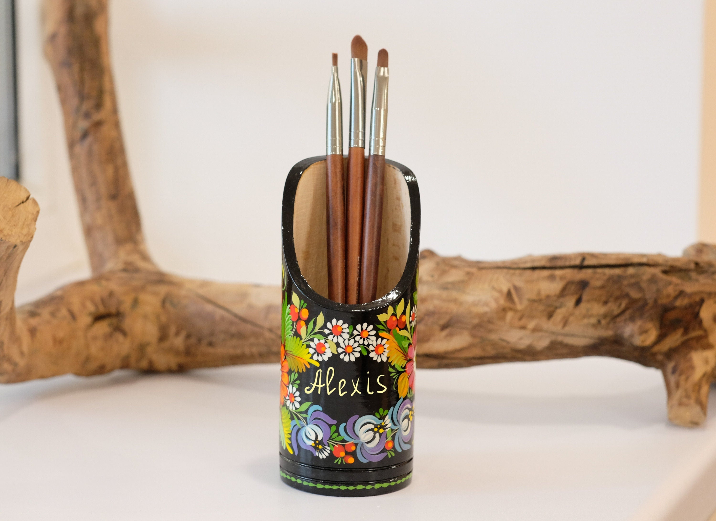 Personalized Wooden Painted Pencil Cup - Custom Pencil cup, Ukrainian Petrykivka Art Flower Pencil Holder