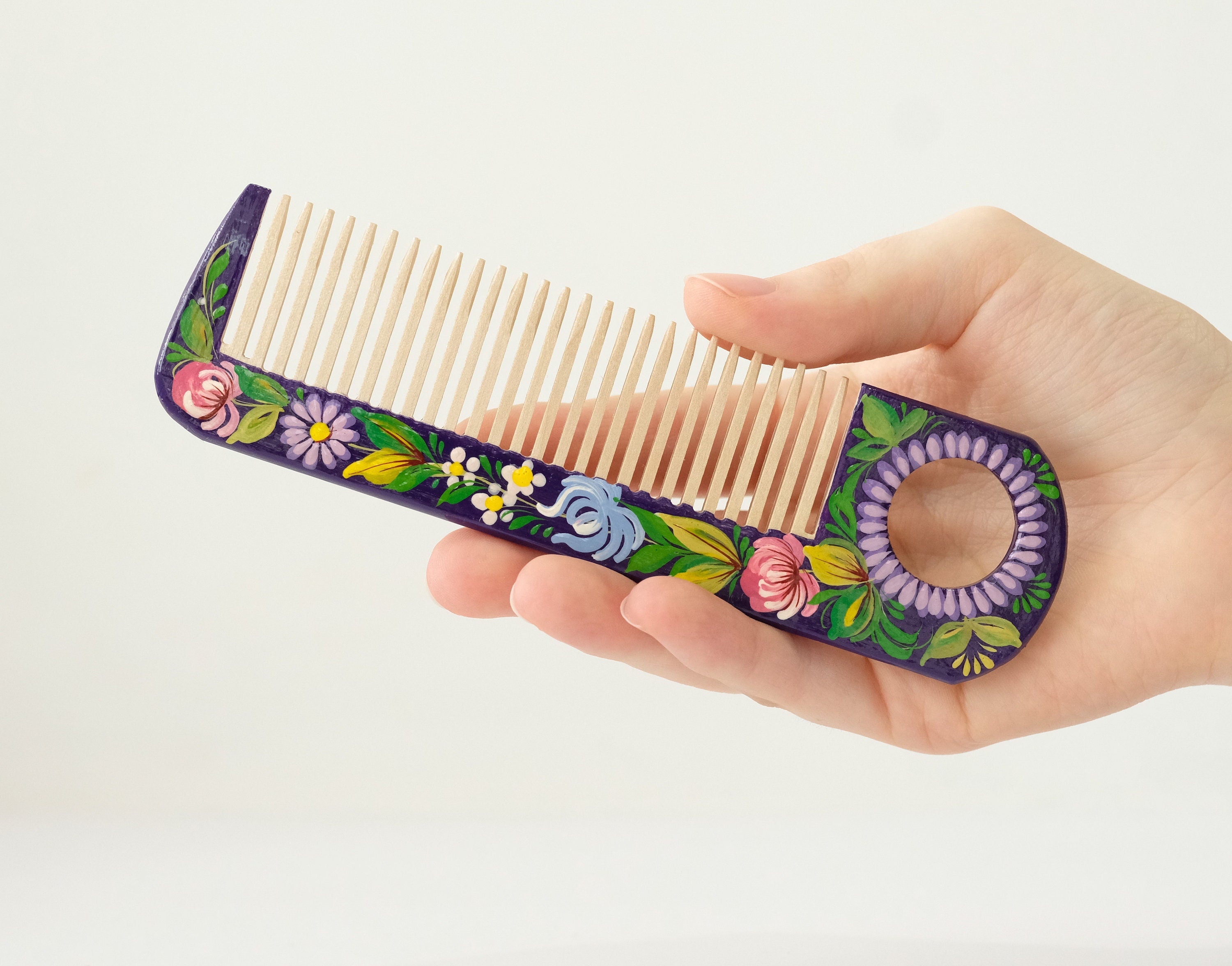 Painted Wooden Perple Flower Hair Comb - Pocket-Sized, Handmade with Petrykivka Art