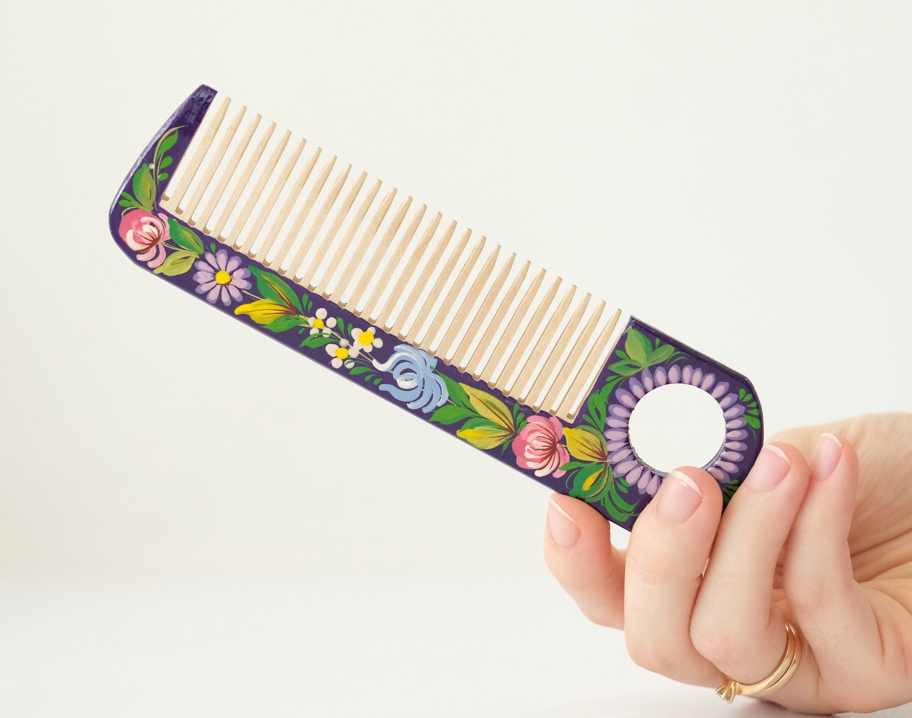 Painted Wooden Perple Flower Hair Comb - Pocket-Sized, Handmade with Petrykivka Art