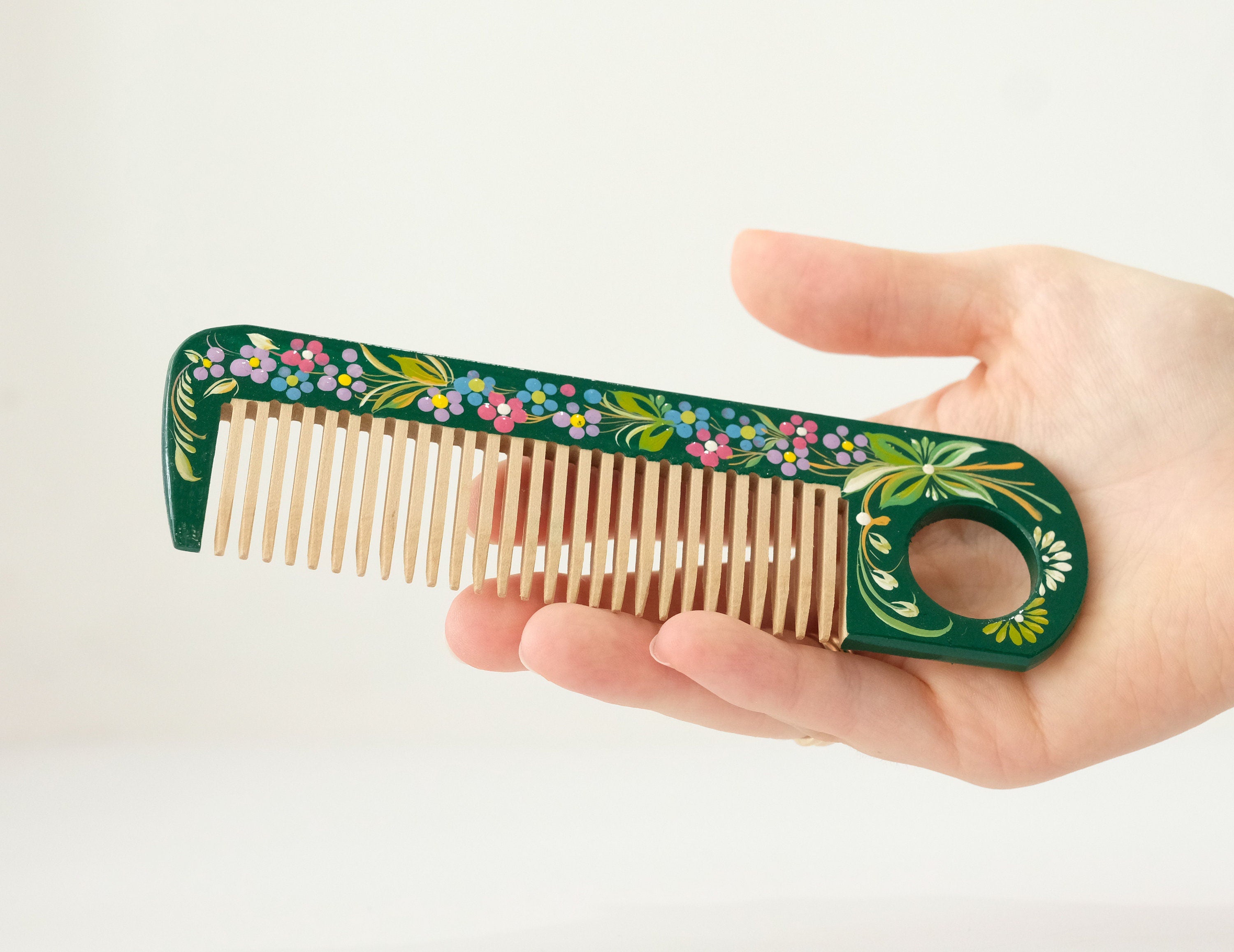 Painted Wooden Emerald Green Hair Comb - Pocket-Sized, Handmade with Petrykivka Art