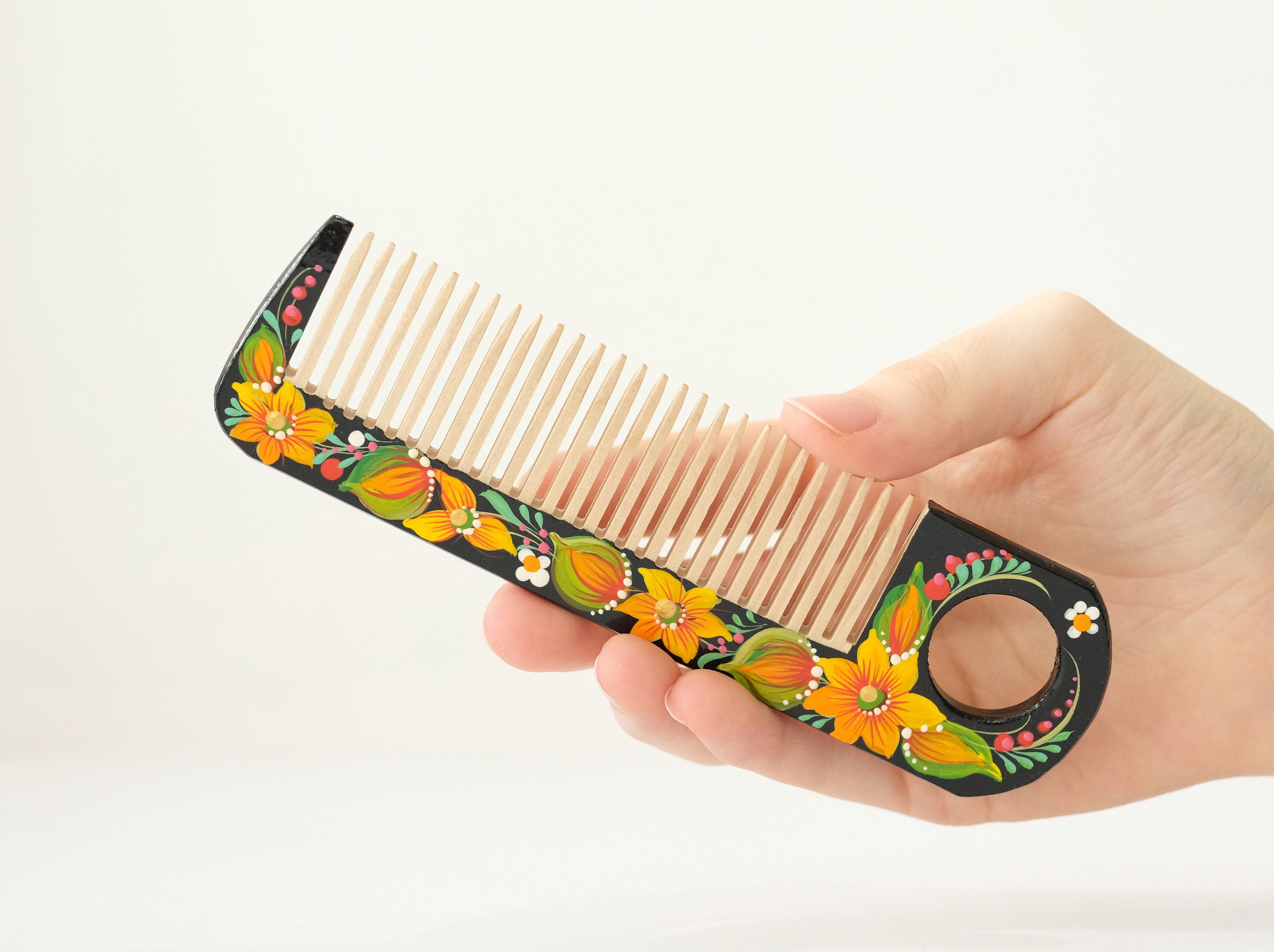 Painted Wooden Sunflower Hair Comb - Pocket-Sized, Handmade with Petrykivka Art