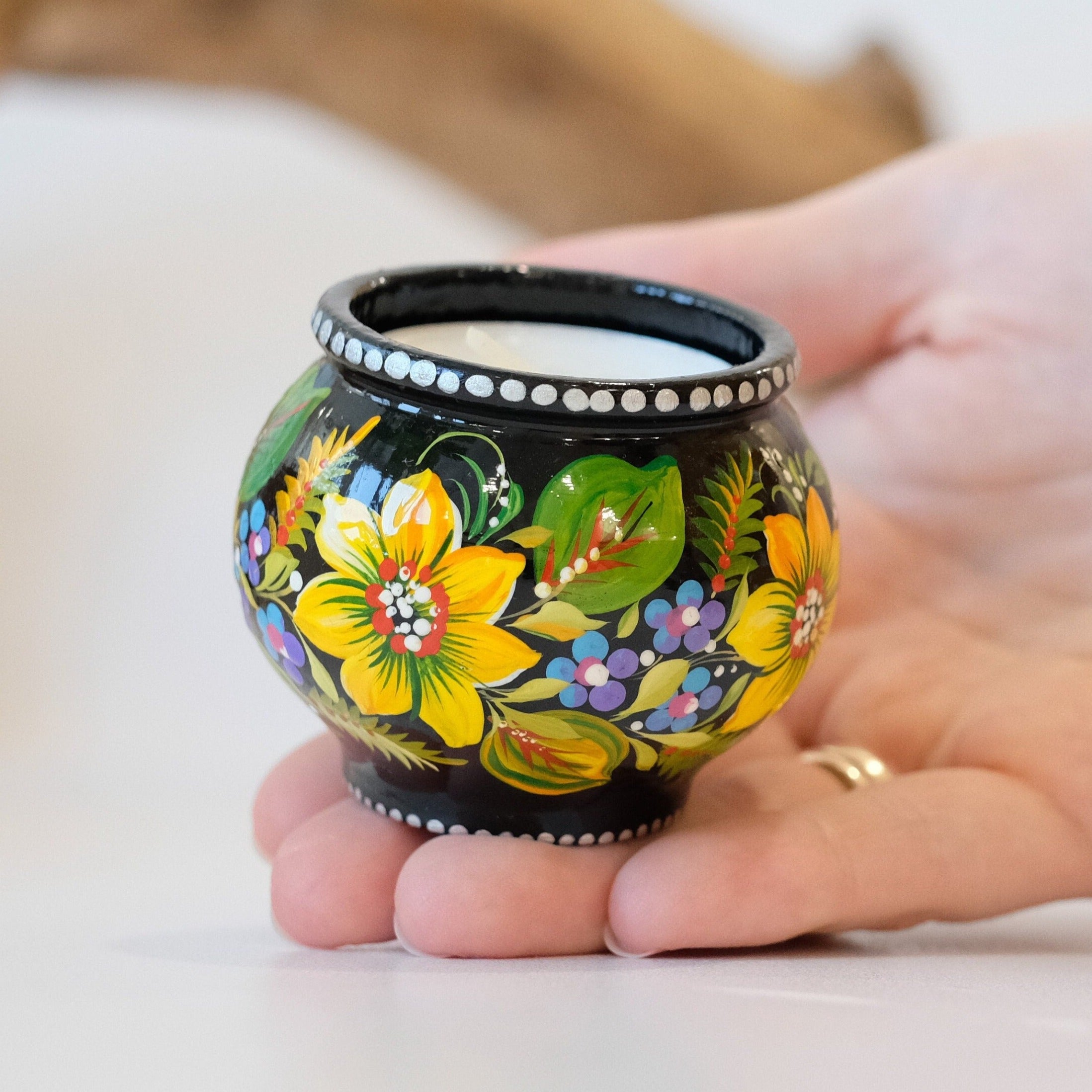 Painted Wooden Sunflower Candle Holder - Handmade Petrykivka Art Flower Tea Light Holder