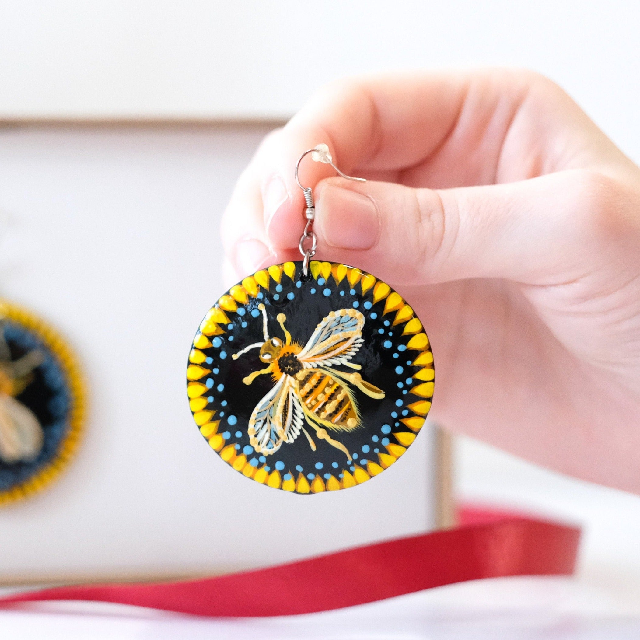 Painted Wooden Bee Earrings - Dangle Drop Hypoallergenic Large Circle Statement Necklace