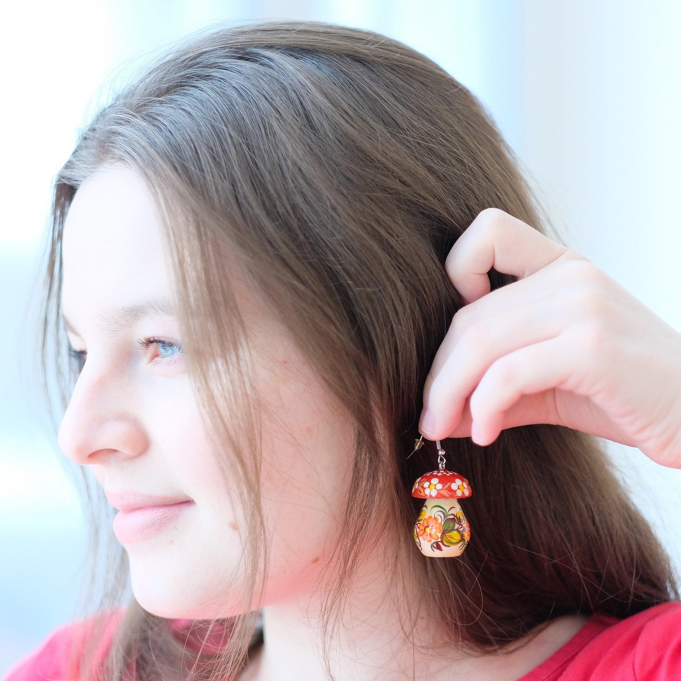 Painted Hypoallergenic Wooden Dangle Drop Mushroom Earrings -  Artisanal Statement Earrings