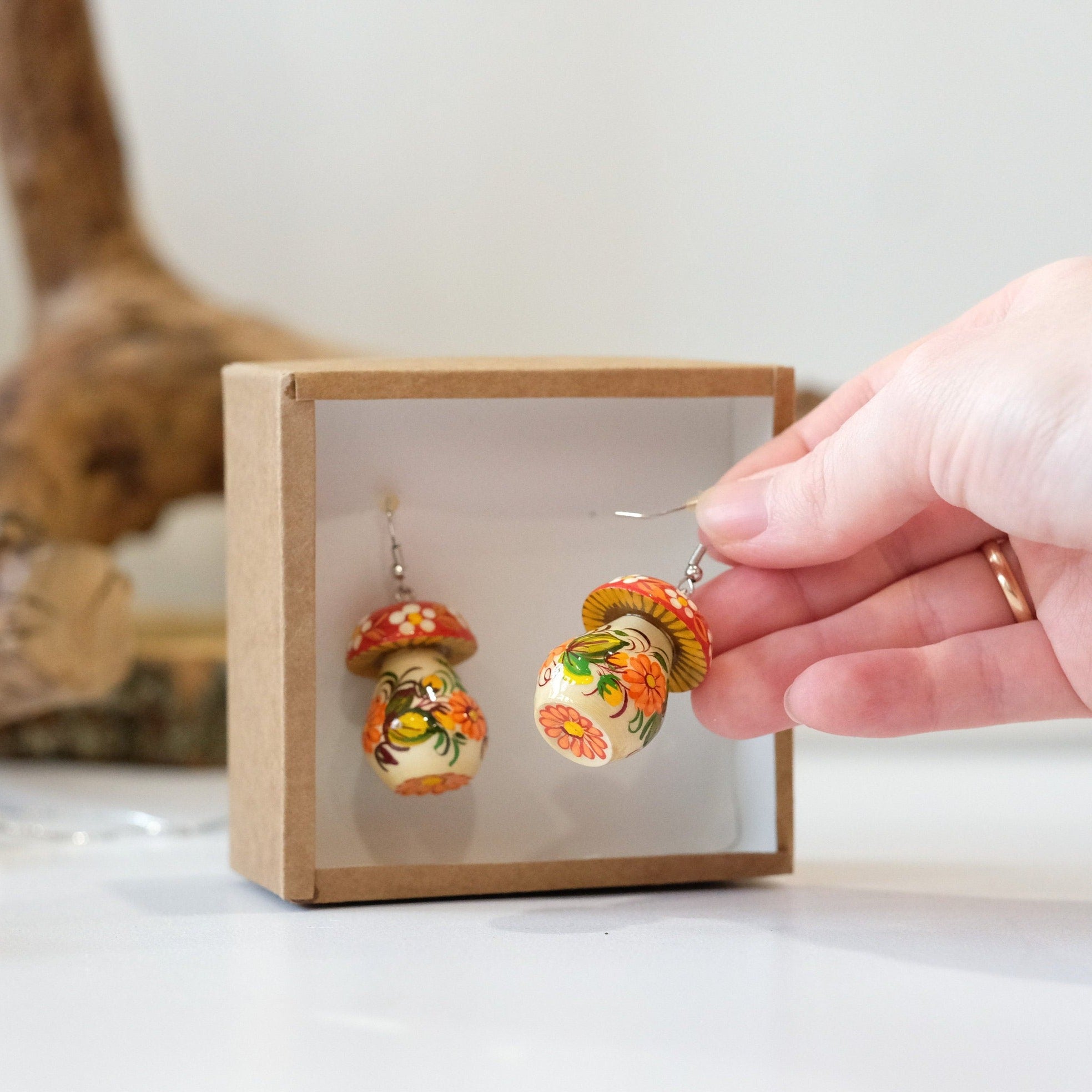 Painted Hypoallergenic Wooden Dangle Drop Mushroom Earrings -  Artisanal Statement Earrings