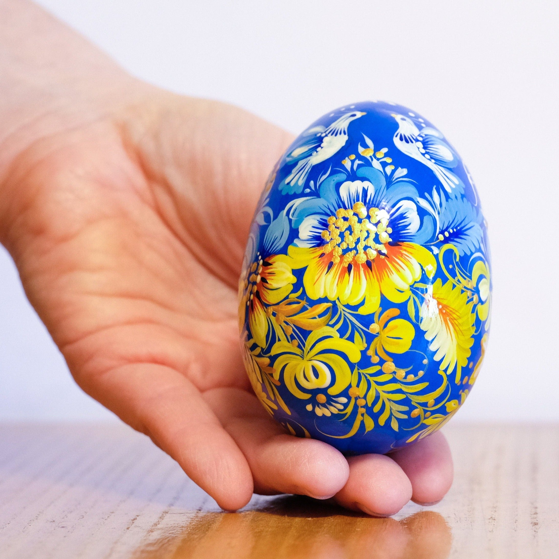 Large Blue & Yellow Ukrainian Easter Egg with Painted Pigeons