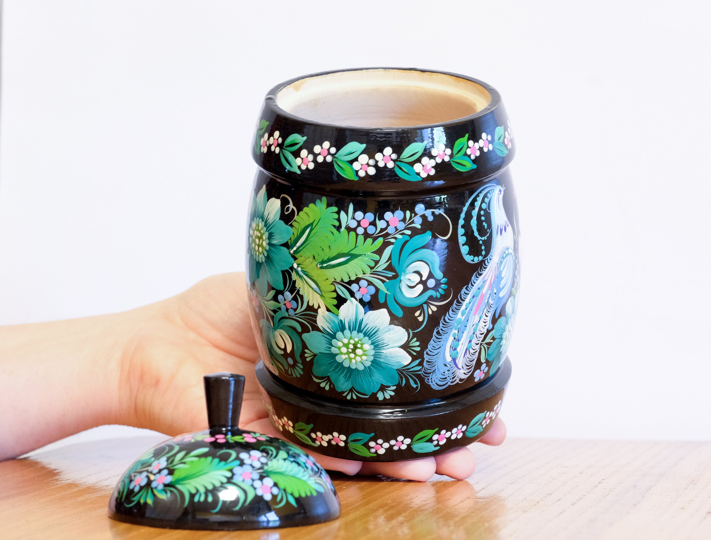 Wooden Jar with Lid - Hand-painted Emerald Green Fairy Bird Kitchen Canister, Ukrainian Folk Art Petrykivka