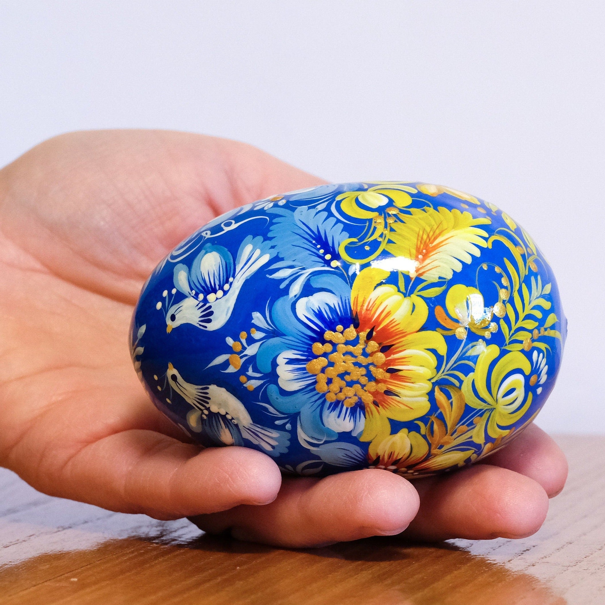 Large Blue & Yellow Ukrainian Easter Egg with Painted Pigeons