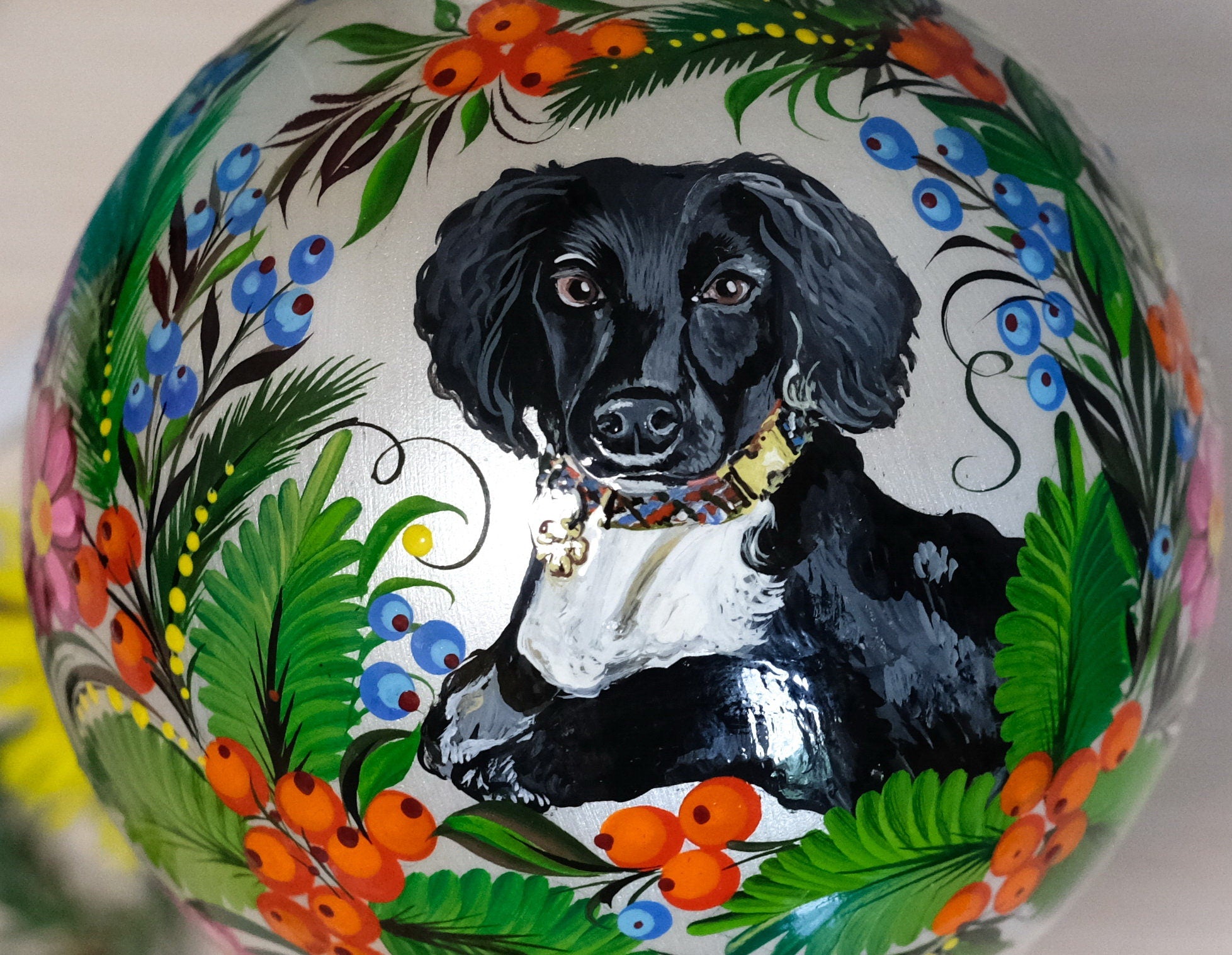 Custom Pet Portrait Painting on Christmas Ball Ornament  - Personalized Pet Loss Memorial Gift, Dog Portrait Decorated with Petrykivka Art