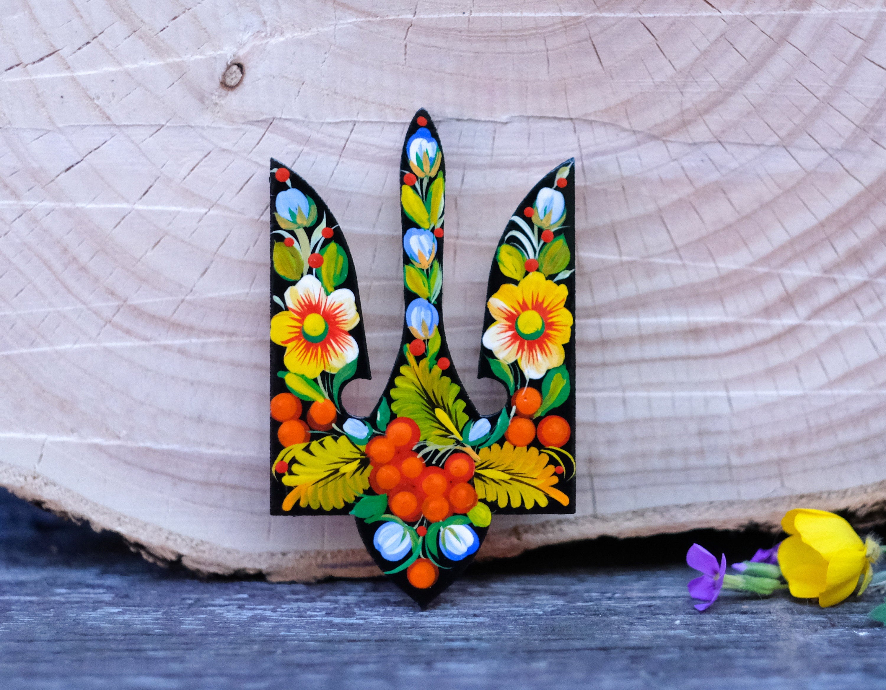 Painted Wooden Ukraine Emblem Fridge Magnet - Blue and Yellow Flower Magnet, Ukrainian Trident Magnet