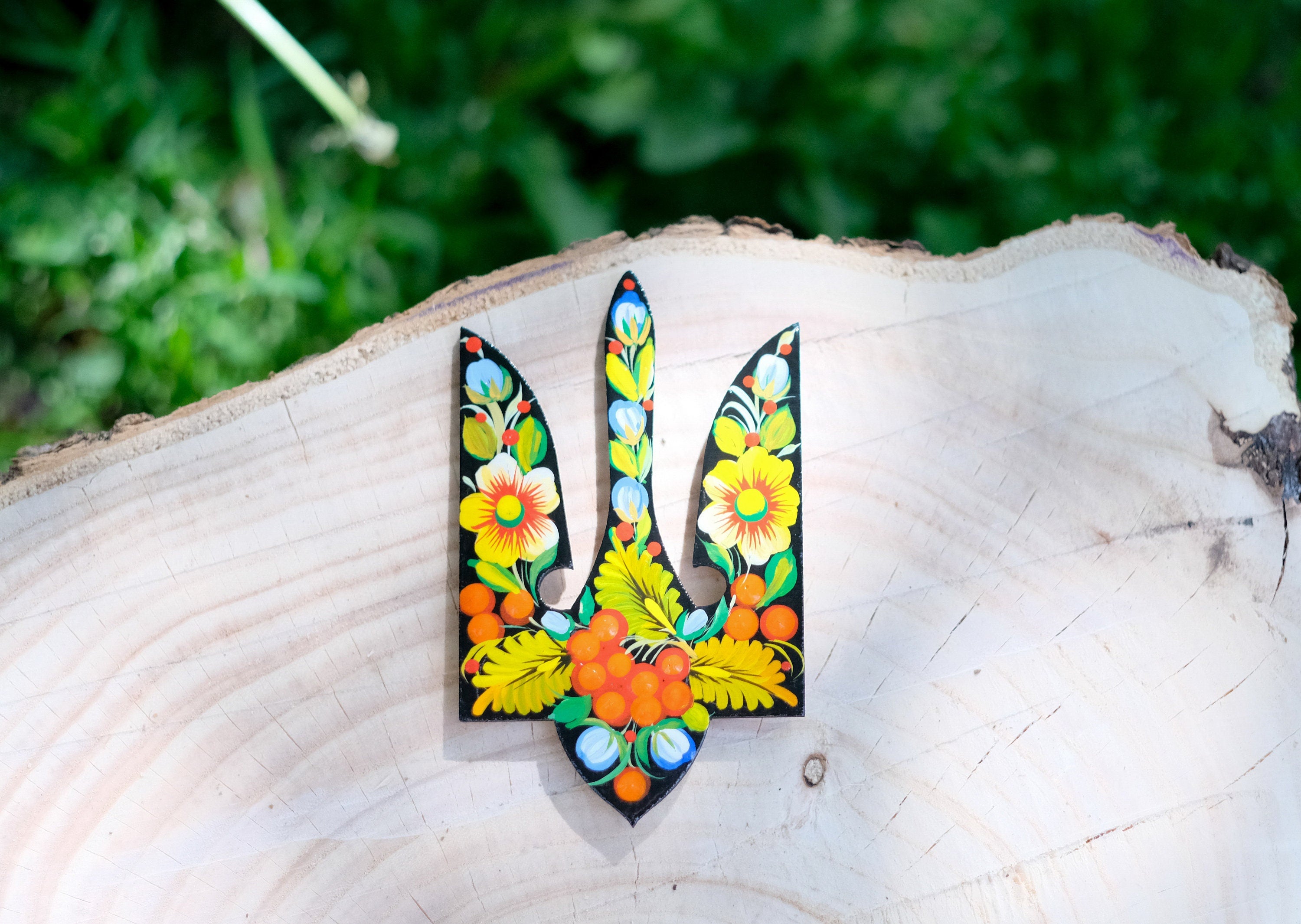 Painted Wooden Ukraine Emblem Fridge Magnet - Blue and Yellow Flower Magnet, Ukrainian Trident Magnet