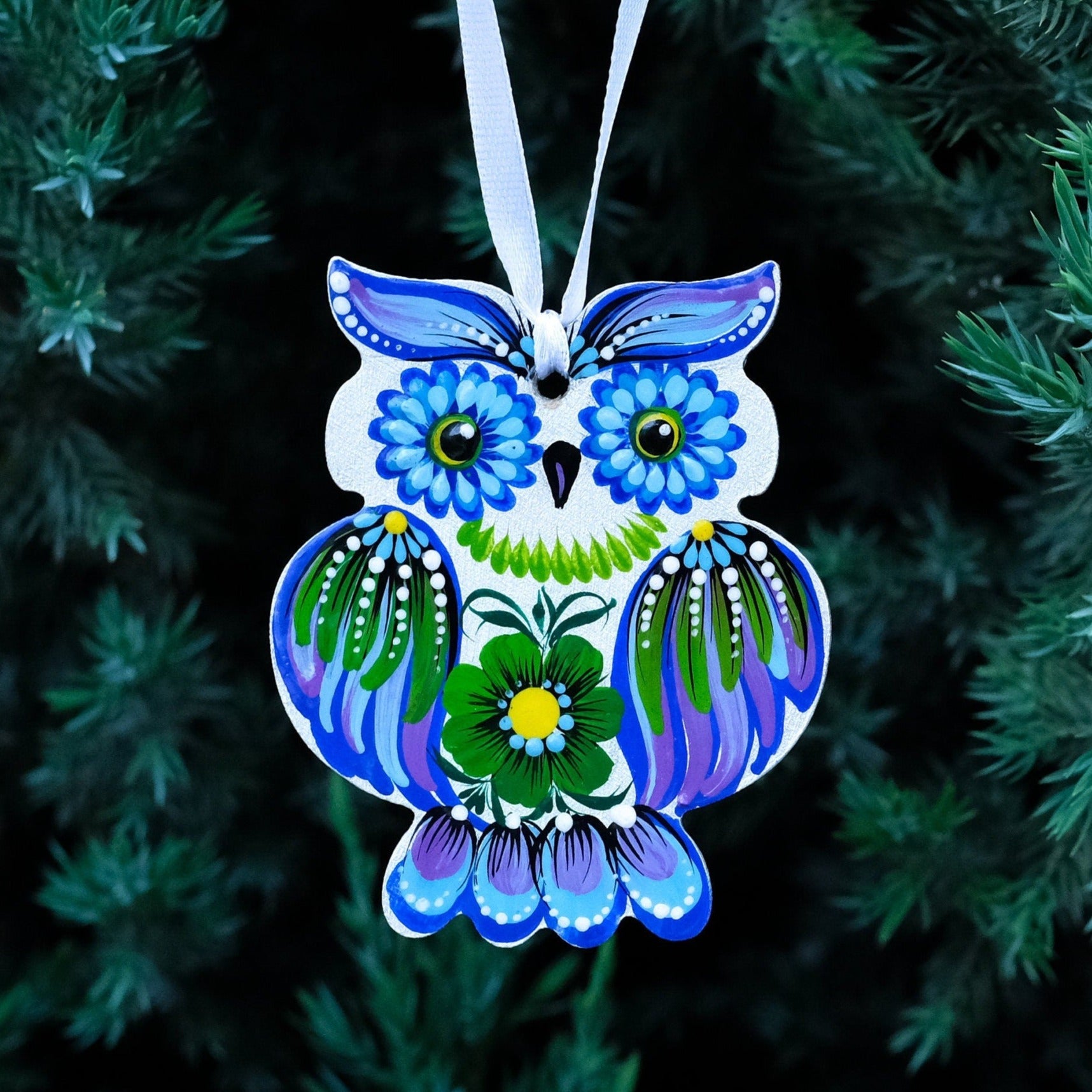 Wooden Owl Christmas Ornament Hand-painted with Petrylivka Art