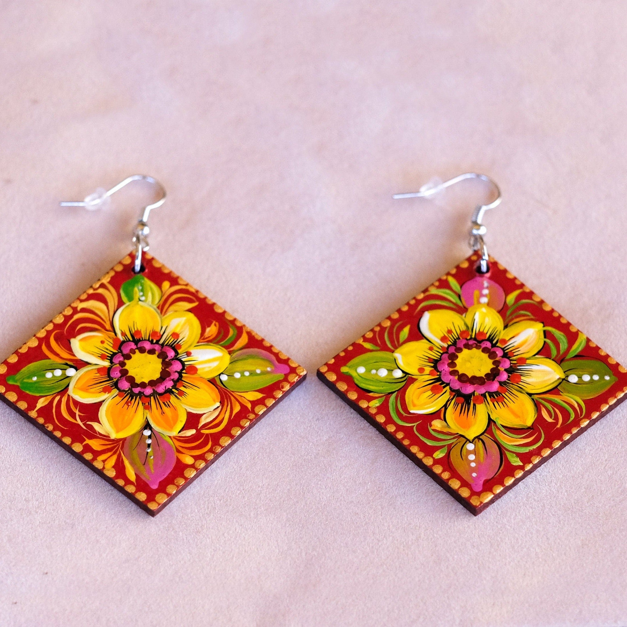 Painted Hypoallergenic Wooden Sunflower Earrings - Artisanal Large Statement Dangle Drop Earrings