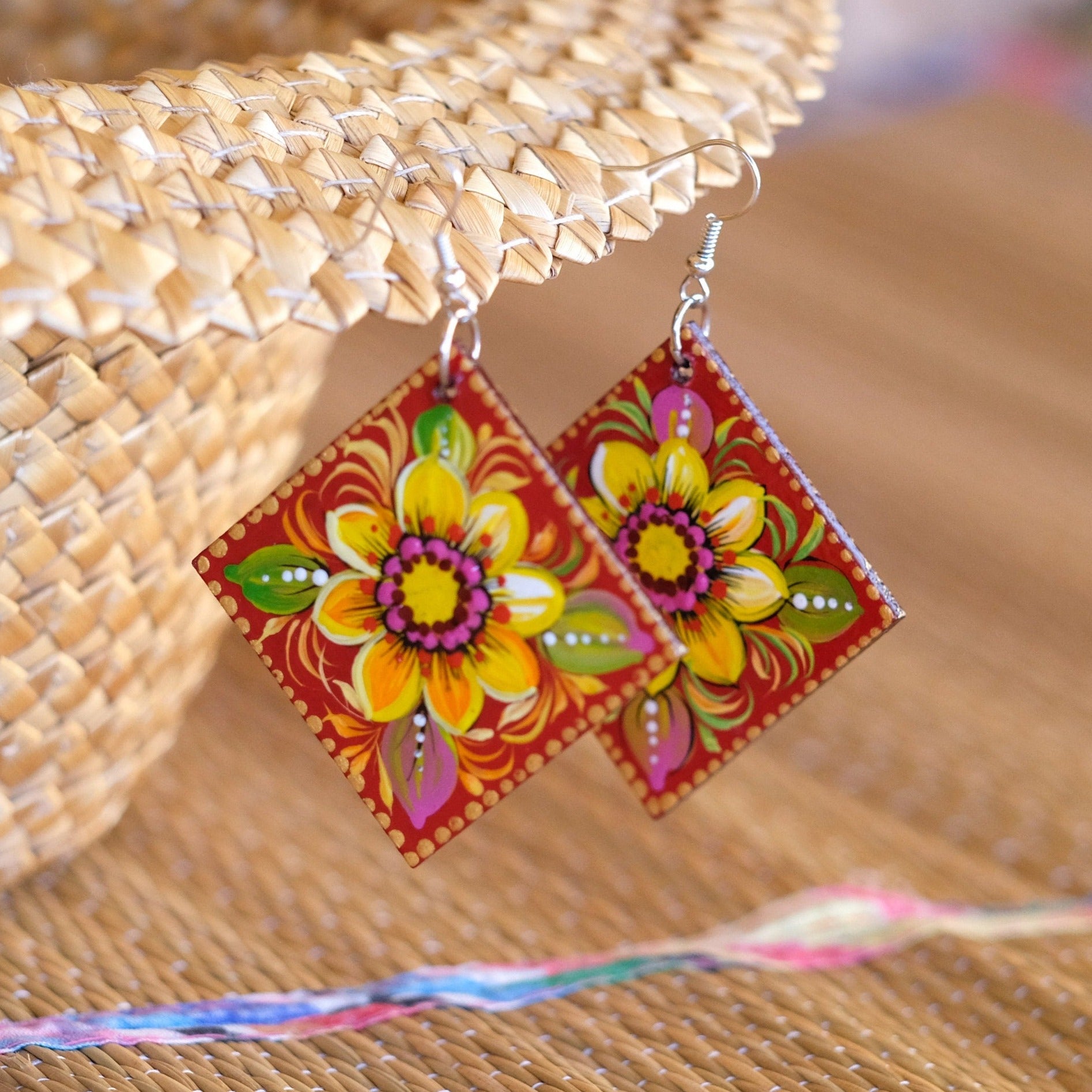 Painted Hypoallergenic Wooden Sunflower Earrings - Artisanal Large Statement Dangle Drop Earrings