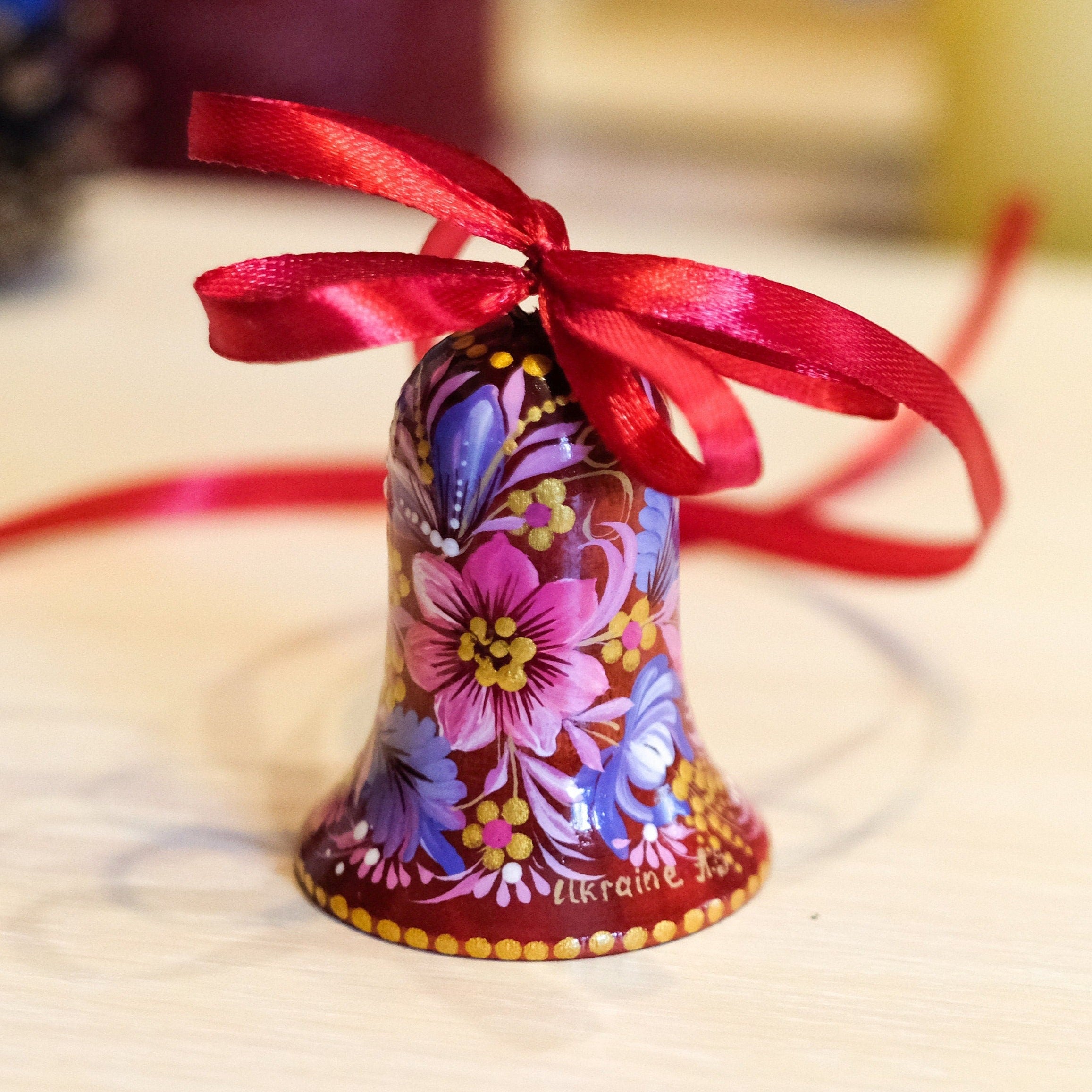 Painted Wooden Red Flower Bell Christmas Ornament - Handmade Artisanal Christmas Tree Decoration, Petrykivka Art