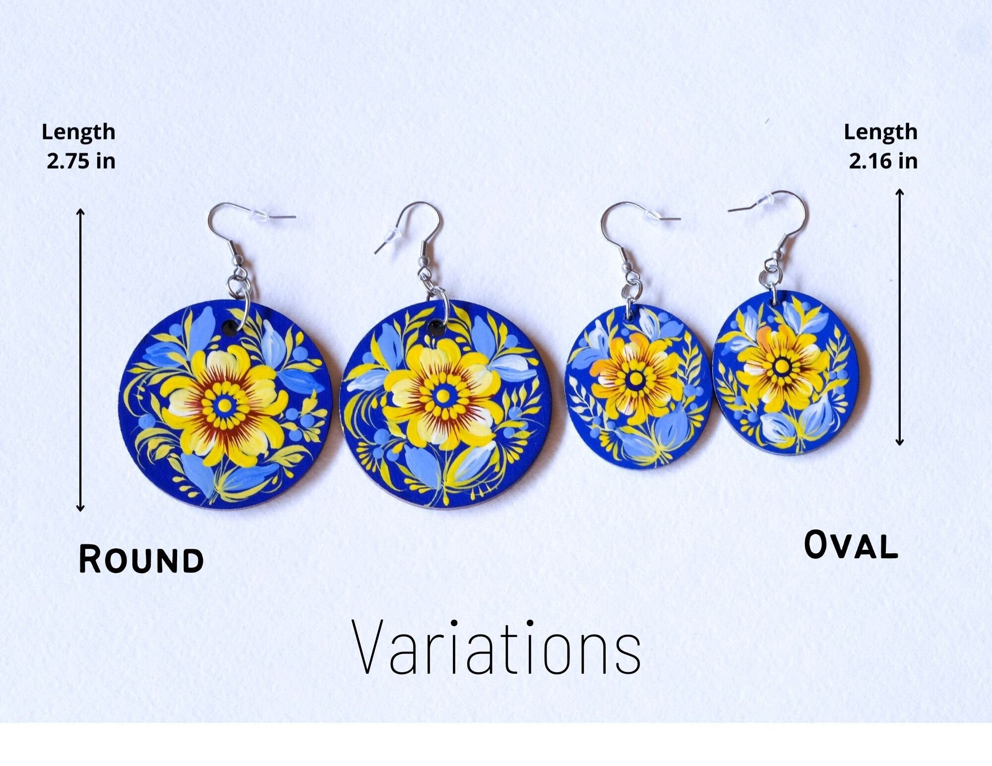 Hand-painted Hypoallergenic Wooden Dangle Drop Earrings -  Petrykivka Art, Large Blue and Yellow Flower Circle Earrings