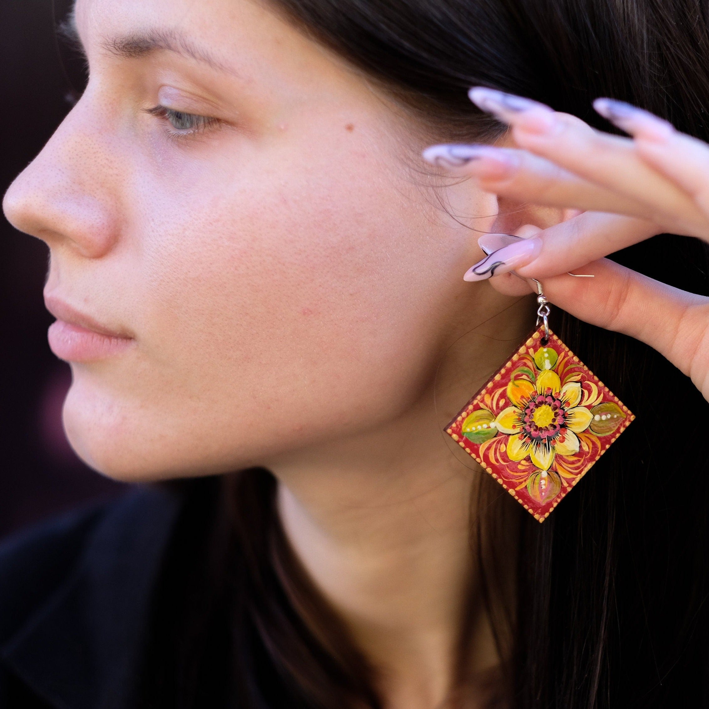 Painted Hypoallergenic Wooden Sunflower Earrings - Artisanal Large Statement Dangle Drop Earrings