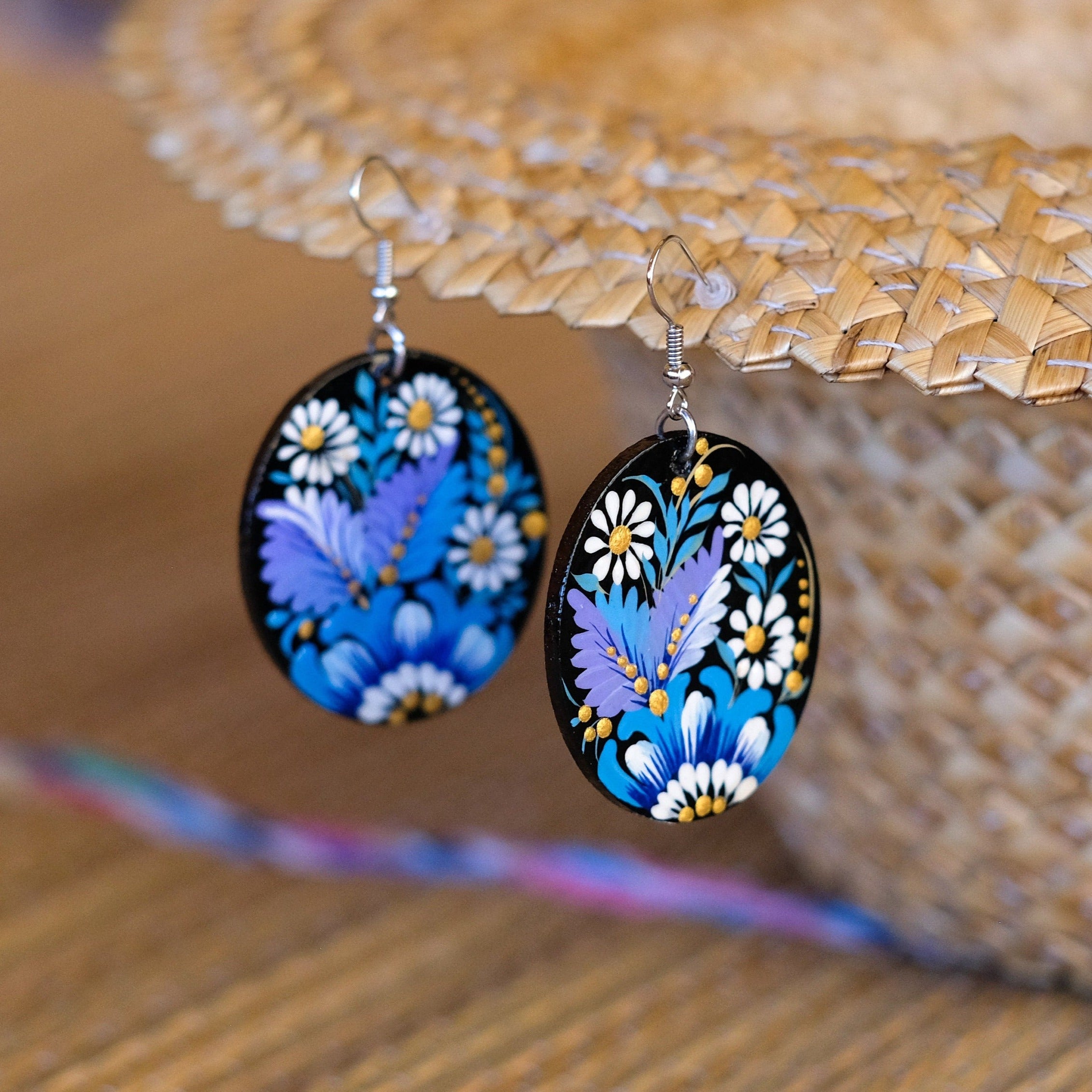 Painted Wooden Hypoallergenic Earrings - Artisanal Blue Flower Oval Statement Earrings