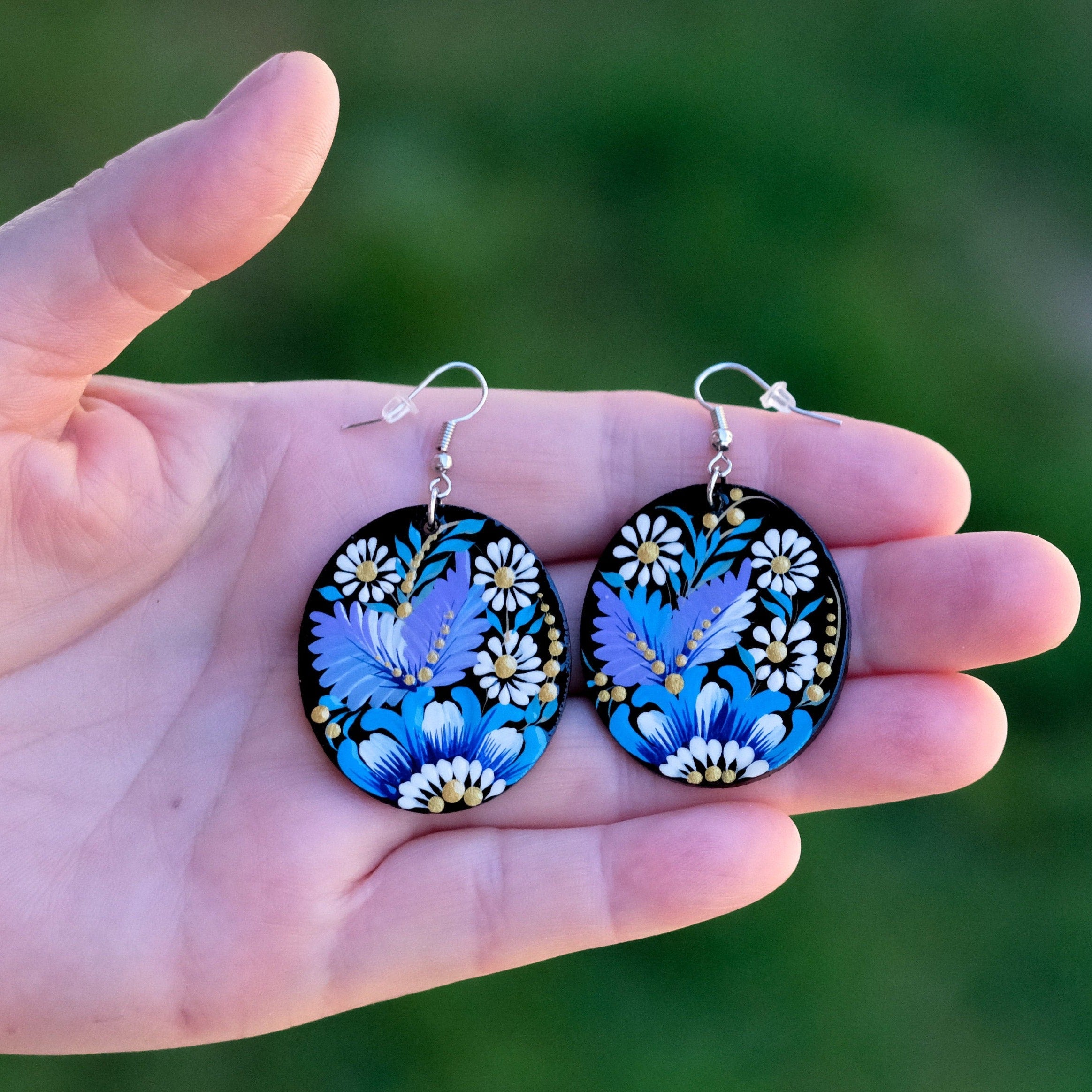 Painted Wooden Hypoallergenic Earrings - Artisanal Blue Flower Oval Statement Earrings