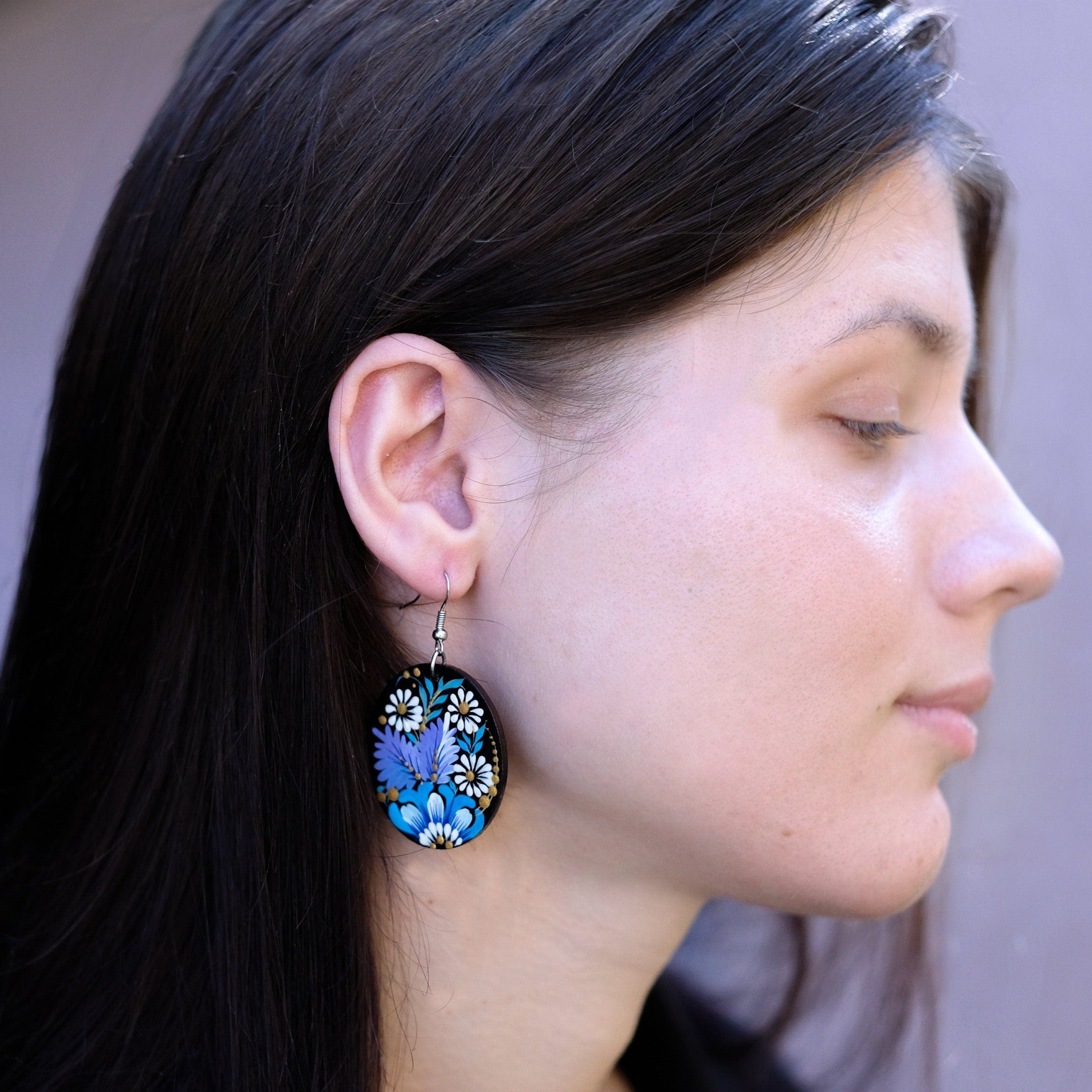 Painted Wooden Hypoallergenic Earrings - Artisanal Blue Flower Oval Statement Earrings